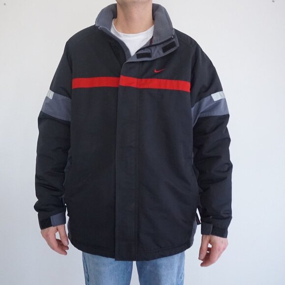 VTG Y2K Gray Tag Nike Black Red Fleece Lined Red Check Zip Up Nylon Ski Jacket L - Picture 2 of 11